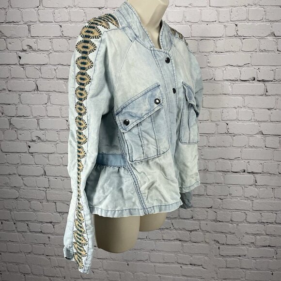 Free People Blue Linen Cotton Embroidered Stud Sleeve Light Jacket XS *stained - Picture 11 of 16